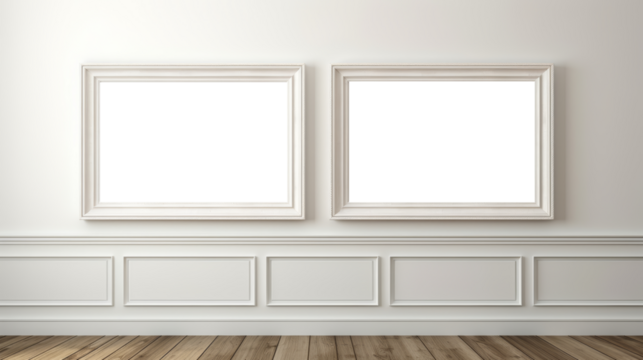 Empty picture frames on wall, two white transparent inside painting frames, PNG