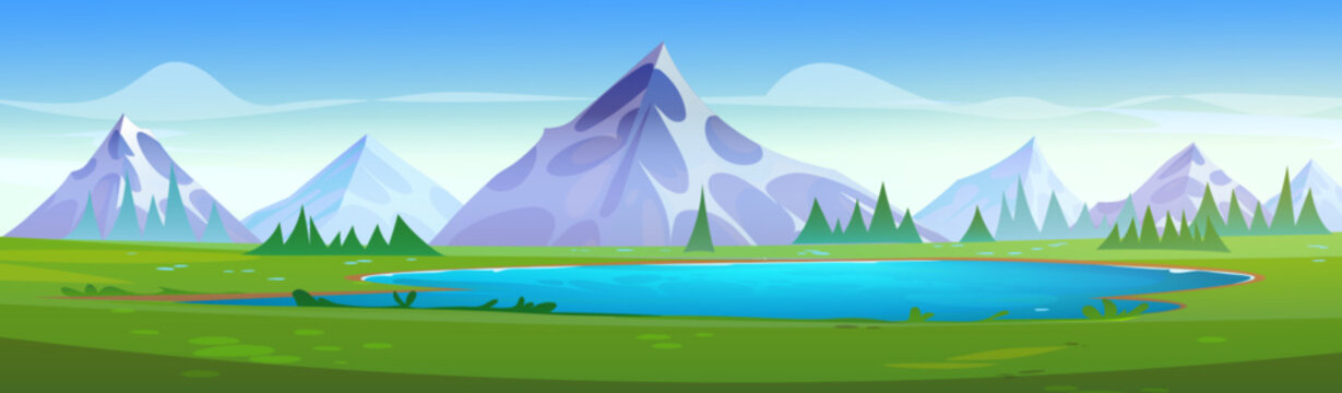 Summer mountain landscape with lake and green grass on sunny day. Cartoon vector scenery with blue pond at foot of high rocky hills and sky with clouds. Countryside scene with mount and waterhole.