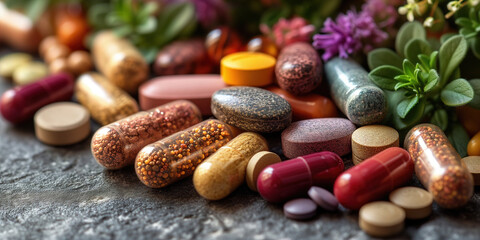 Herb supplements and organic vitamins in vegetarian capsule and herbal tablets