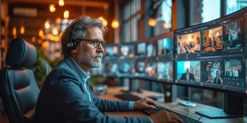 Mature Businessman wearing glasses communicates on video conference call meeting with business partners on blurred monitor