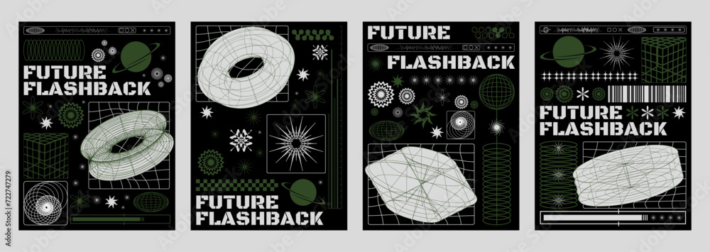 Poster poster design template in y2k aesthetic with grid abstract 3d shape an text on black background. ret