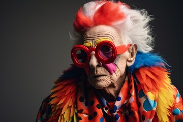 Portrait of an elderly woman with clown glasses on a dark background.