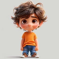 Little boy with curly brown hair and always looks a little messy, with big brown eyes, orange T-shirt, jeans, white shoes