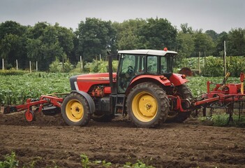 Fototapeta premium tractor in meadow with summer flowers mowing grass under blue sky in the netherlands in dutch province of utrecht