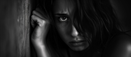 Intense woman's gaze in a moody, dark setting.