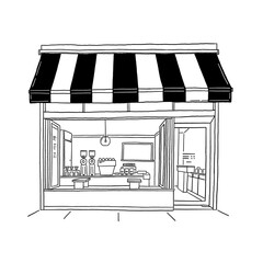 Small Coffee shop Sketch Cafe restaurant Hand drawn Illustration line art vector 