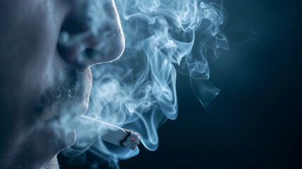 Close-up of a man smoking, smoke swirling.