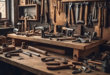 Worn old wooden table and workshop interior. Retro vintage photo of background and mockup. Sun light and dark shadows.
