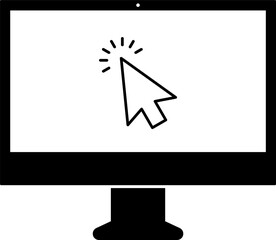 Click in laptop vector icon. Computer with click mouse pointer symbol isolated on white background.