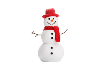 Handmade snowman with colorful scarf and hat on transparent background