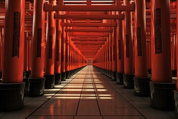 Monastery hallway with red arche of torii, digitally illustrated. Keywords: hallway, wooden, red, arche, torii, monastery, postproduction, digital, illustration. Generative AI