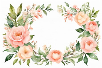 Obraz na płótnie Canvas Watercolor floral border wreath isolated in white. AI generated