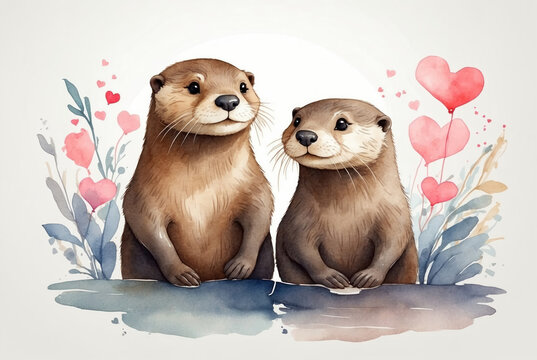 watercolor otters with pink hearts clip art preview