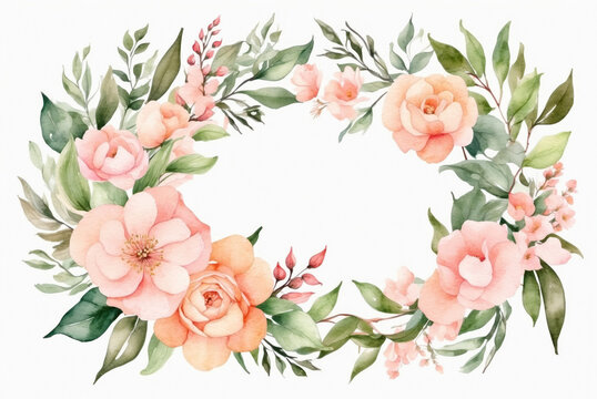 Watercolor floral border wreath isolated in white. AI generated