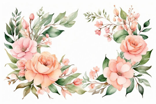 Watercolor floral border wreath isolated in white. AI generated
