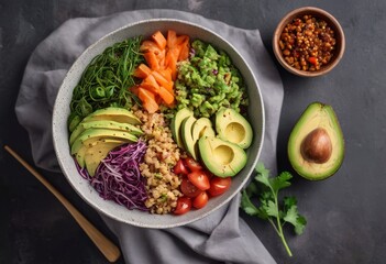 Healthy salad bowl with quinoa, tomatoes, chicken, avocado, lime and mixed greens, lettuce, parsley on wooden background top view. Food and health.