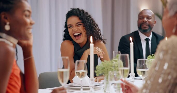 Happy woman, dinner conversation and people laughing at party event, friends reunion or fine dining restaurant. Communication, elegant group and person listening to funny story, gossip or comedy joke