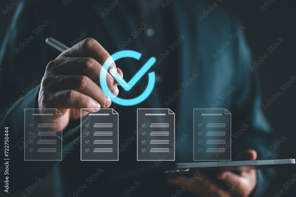 Poster Client's service and guarantee check mark in business automation, Businessman with guarantee check for client service, business automation, quality management, online shopping, and financial ecosystem