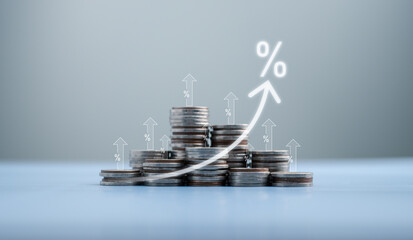 Growth of percentage sign on coins, increase interest financial banking and business investment...