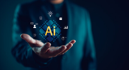 Ai tech, businessman show virtual graphic Global Internet connect AI, Artificial Intelligence....