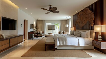 Luxury Bedroom in a modern house. Rooms with wooden floors, decorate with light white fabric bed