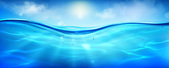 Sea or ocean water surface level with underwater with bubbles, sun rays and sky with clouds background textures. Realistic vector of blue undersea aqua with waterline horizon in clean river or lake.