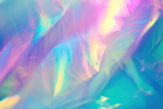 An abstract background with  holographic rainbow iridescent unicorn pastel purple pink teal blue colors. Lens light leaks flash. Background image. Created with Generative AI technology