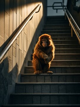 Portrait of a little monkey sitting on the steps
