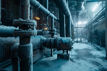 An industrial boiler room covered in snow and complex piping emitting steam, conveying a feeling of cold yet functional warmth. - obrazy, fototapety, plakaty