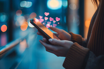 An image featuring a pair of hands holding a modern smartphone with heart emojis floating against a softly blurred background.