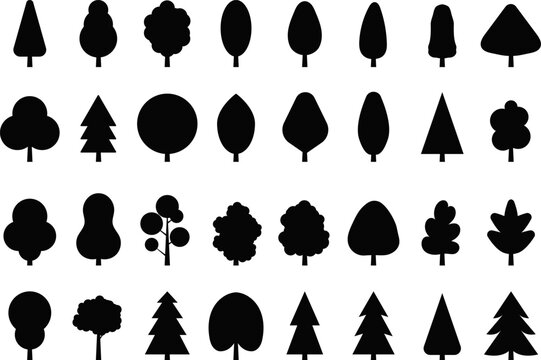 Vintage trees silhouettes set in monochrome style isolated vector illustration