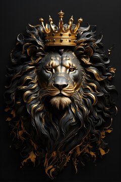 portrait of a lion, golden lion head with crown, lion king	