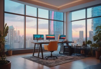 Beautiful blurred background of a modern office interior in gray tones with panoramic windows, glass partitions and orange color accents.