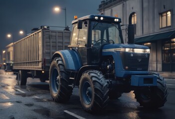 Blue tractor on the road with front loader up in the air buildings within background city
