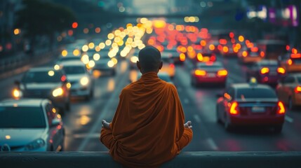 Tibetan monk from back sitting on urban road in city