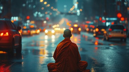 Tibetan monk from back sitting on urban road in city