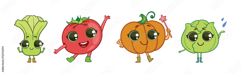 Sticker Funny Vegetable Character with Smiling Face Vector Set