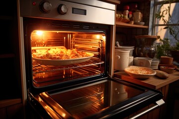 Delicious pie in the oven, close-up, kitchen or dining room interior
