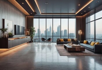 Big empty modern kitchen and living room wooden table, big couch and big windows