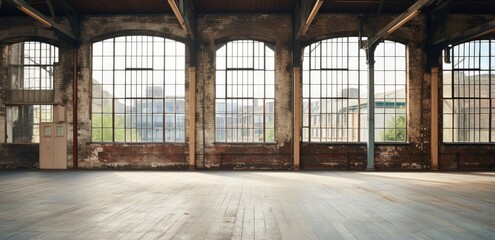 Large and old empty factory building with large windows and sunrays illustration - obrazy, fototapety, plakaty
