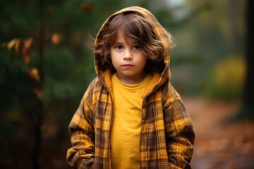 Portrait of a little boy in a yellow jacket in the autumn forest