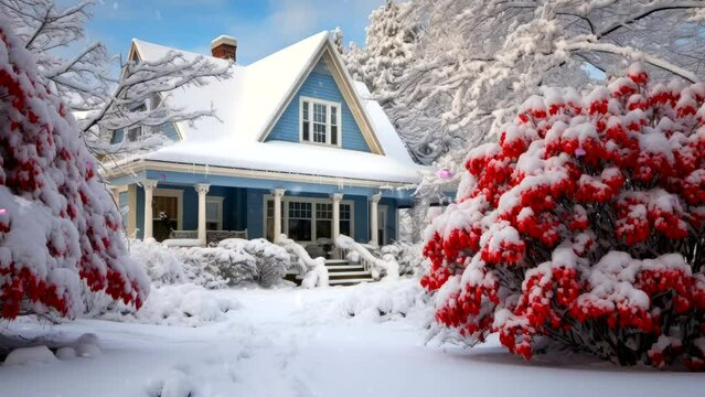 Winter Harmony: Houses Nestled Amidst Snowy Trees and Blooming Flowers