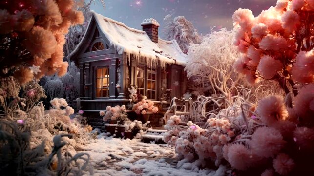 Winter Blossom Retreat: Houses Adorned with Pink Flowers Amidst Snow and Trees