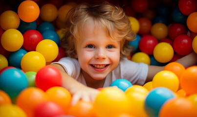 Fototapeta na wymiar Little kid lying on coloured plastic balls in dry paddling pool in playing room