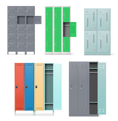 Different metal cabinet, steel locker, safe boxes stand with doors set