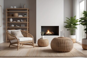Rattan lounge chair, wicker, pouf and white sofa by fireplace