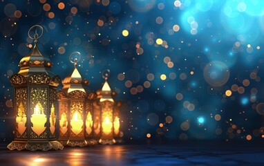 ramadan mubarak banner background- arabic lantern with light burning candle bokeh background, eid mubarka lantern 