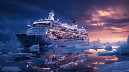 A modern, white cruise ship sails the Arctic Ocean, among ice floes and asbergs. Travel and vacation. En route.
