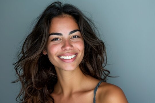 Cheerful Latin woman, big smile, isolated on grey