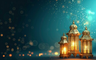 Obraz premium ramadan mubarak banner background- arabic lantern with light burning candle bokeh background, eid mubarka lantern 
